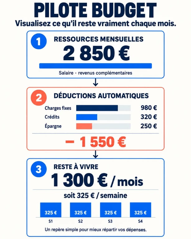 Application Pilote Budget : schéma du calcul du reste à vivre mensuel et hebdomadaire