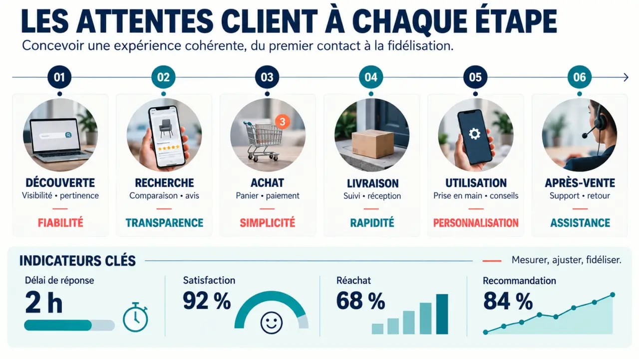 Infographie des attentes client aux différentes étapes du parcours client