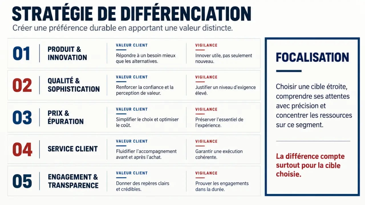 Visuel des leviers d’une stratégie de différenciation : produit, qualité, prix, service et engagement