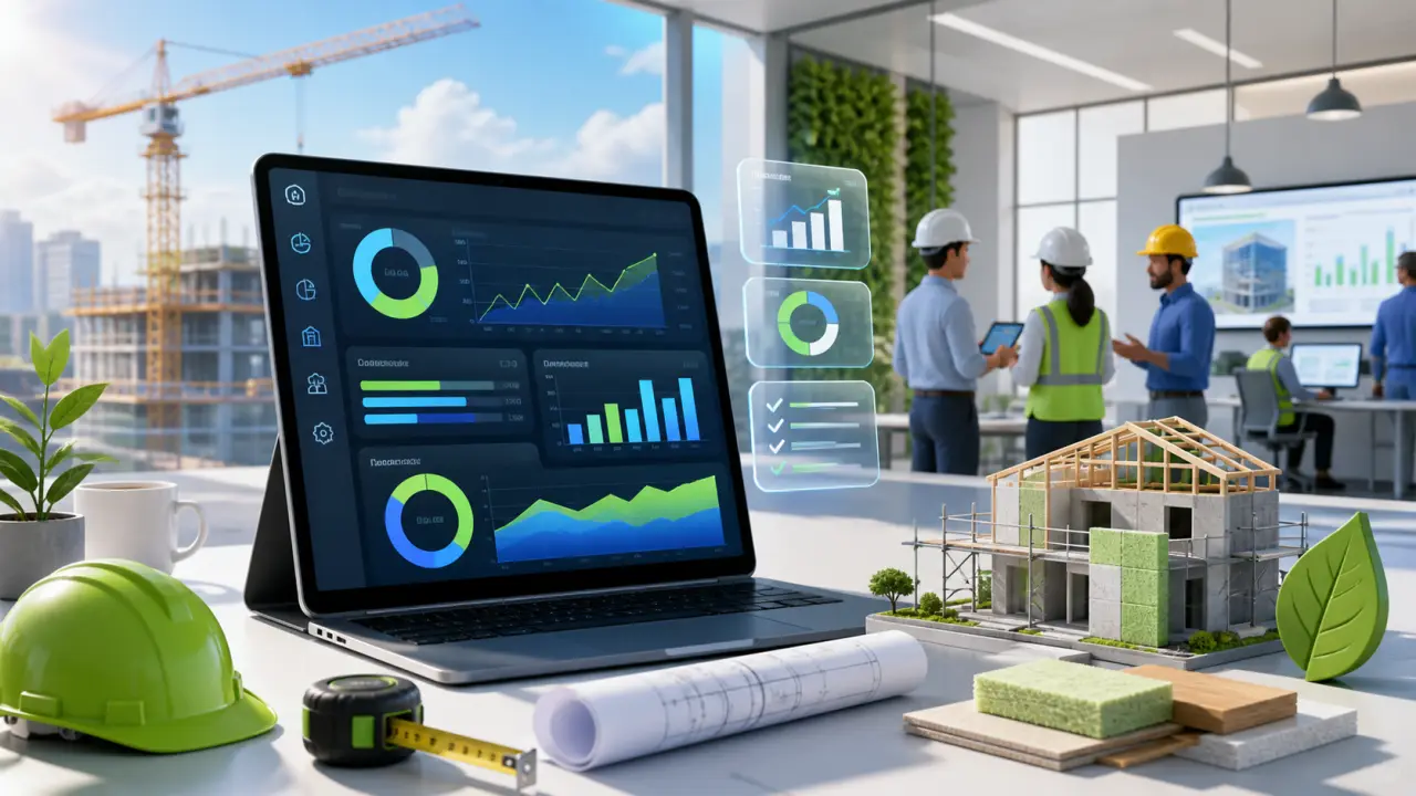 Illustration 3D d’un chantier connecté avec tableaux de bord financiers en temps réel