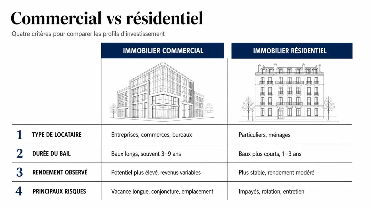 Immobilier commercial vs résidentiel : comparatif des baux, rendements et risques