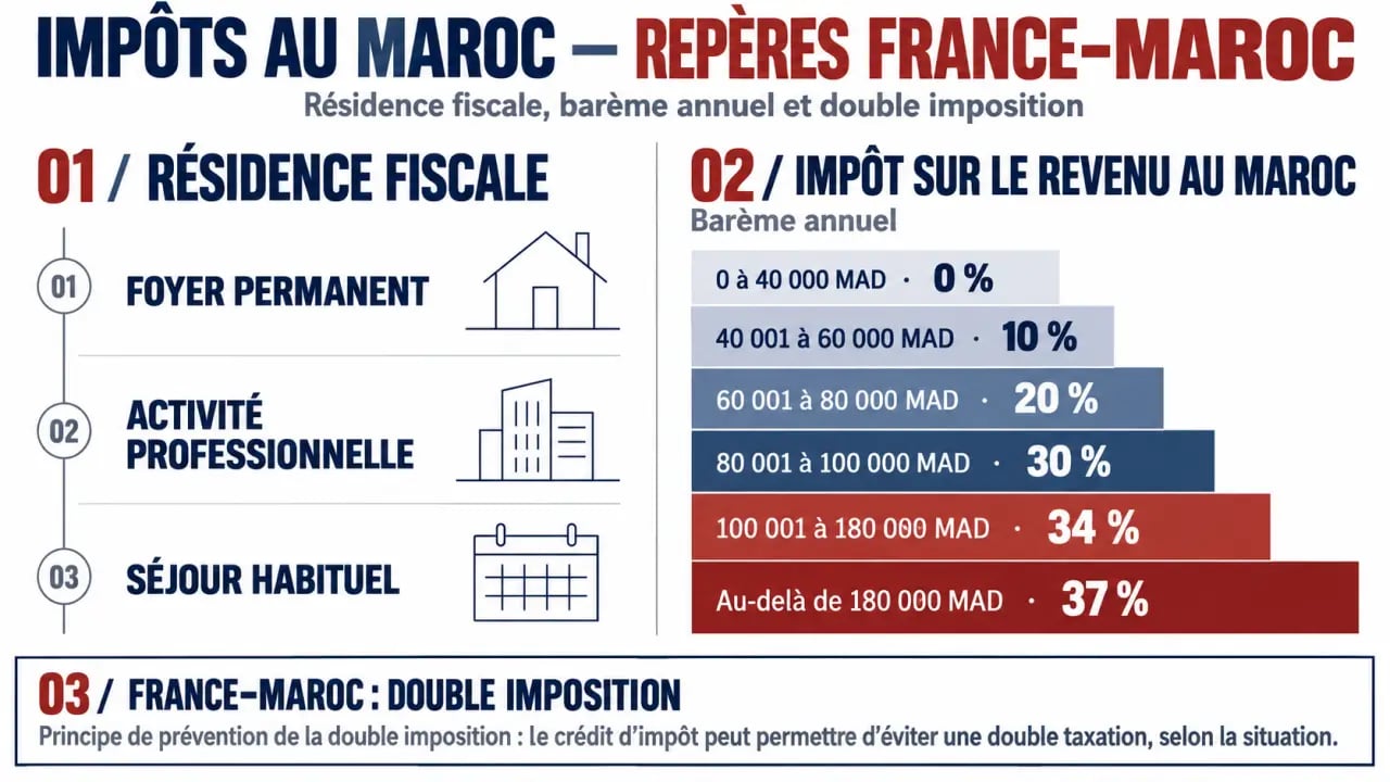 Infographie sur les impôts au Maroc, la résidence fiscale et le barème progressif