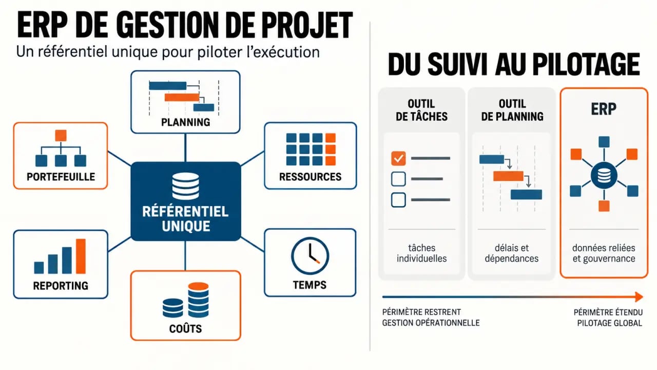 ERP gestion de projet : synthèse visuelle des modules de planning, ressources, temps, coûts et reporting