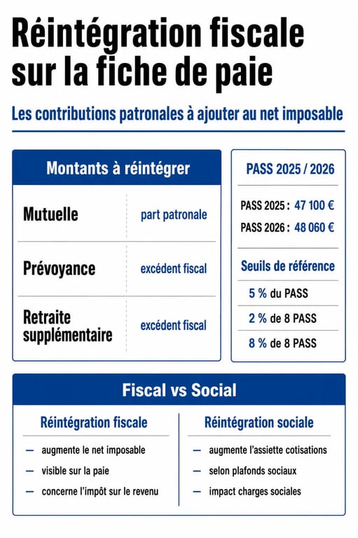 Infographie sur la réintégration fiscale fiche de paie avec les seuils PASS et la différence avec la réintégration sociale