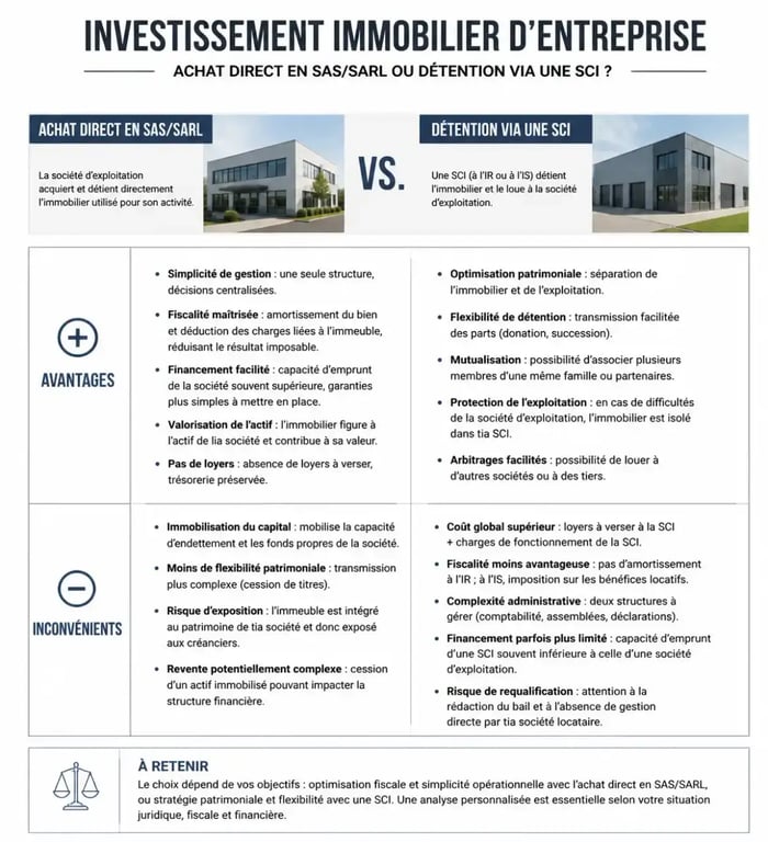 Comparatif des montages juridiques pour l'investissement immobilier entreprise : achat direct vs SCI