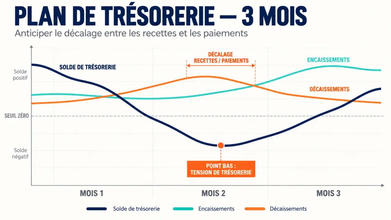Infographie d'un plan de trésorerie montrant un creux de trésorerie entre encaissements et décaissements