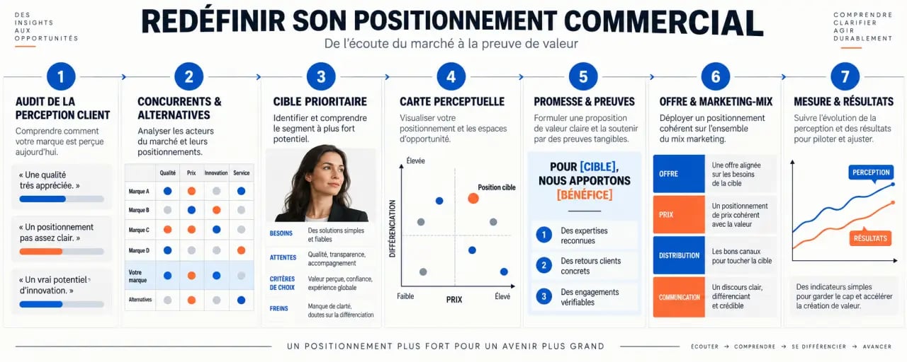 Étapes pour redéfinir son positionnement commercial sur le marché, de l’audit au suivi des résultats