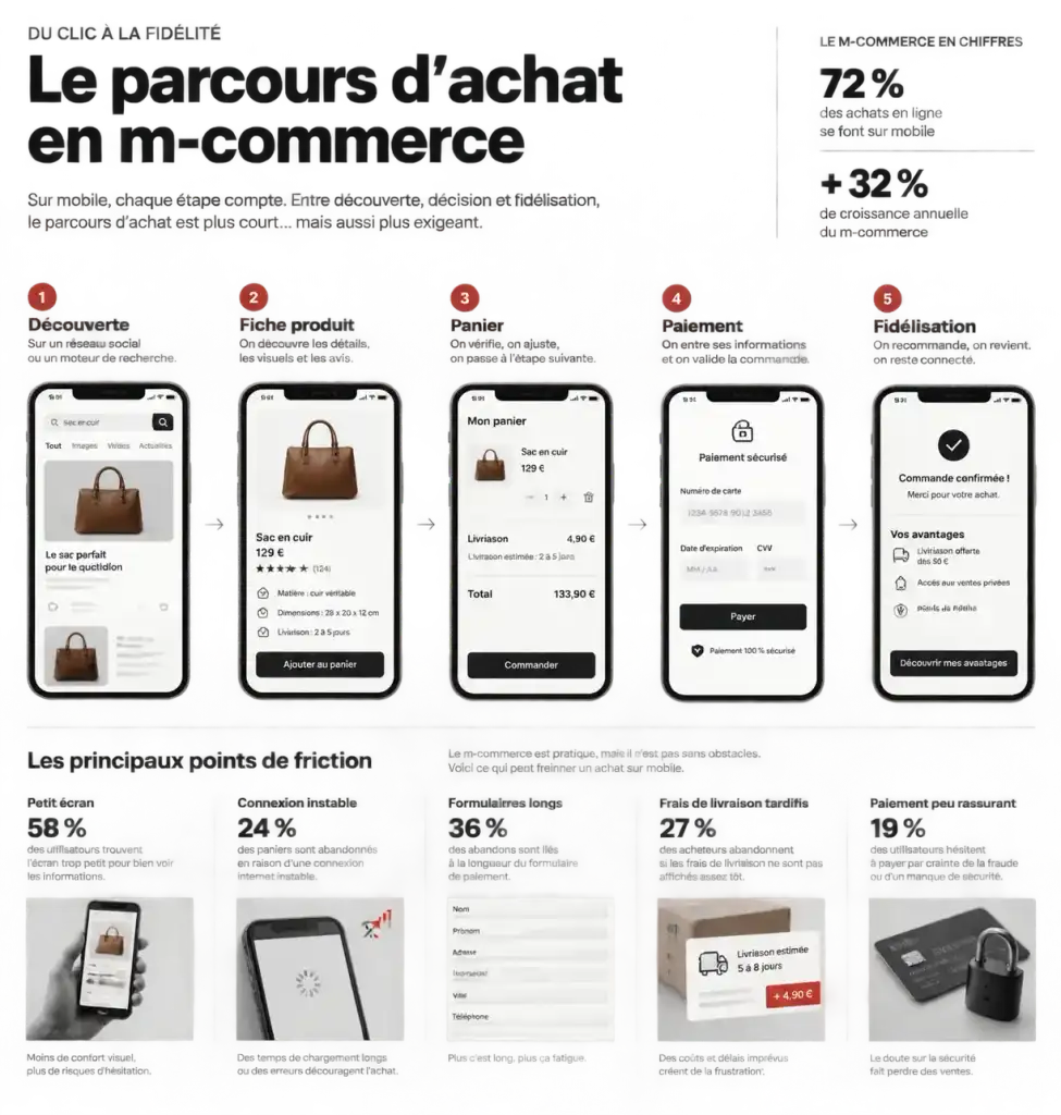 Infographie du parcours de m commerce mobile, de la découverte du produit au paiement et à la fidélisation
