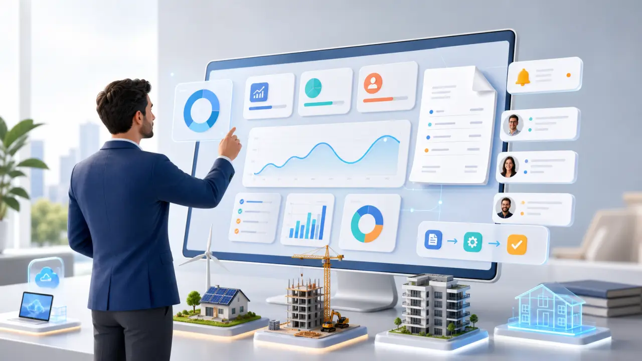 Illustration 3D d’un livre numérique ouvert sur des tableaux de bord, KPI et flux de gestion