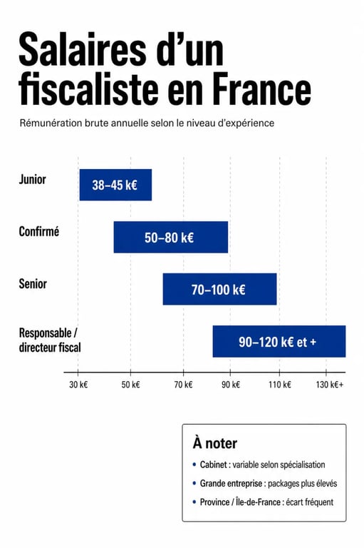 Fiscaliste salaire : synthèse visuelle des fourchettes de rémunération selon l’expérience et le type d’employeur