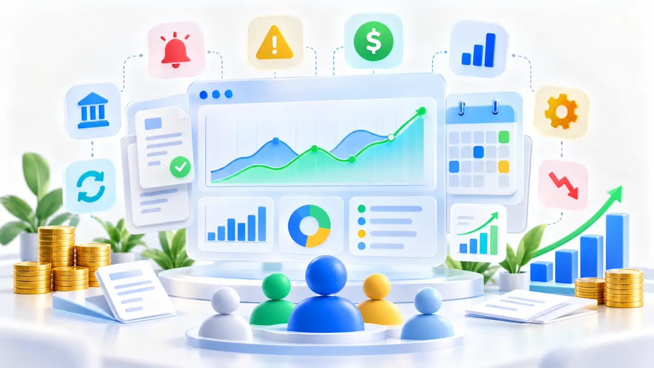 Tableau de bord de trésorerie avec indicateurs financiers et alertes hebdomadaires