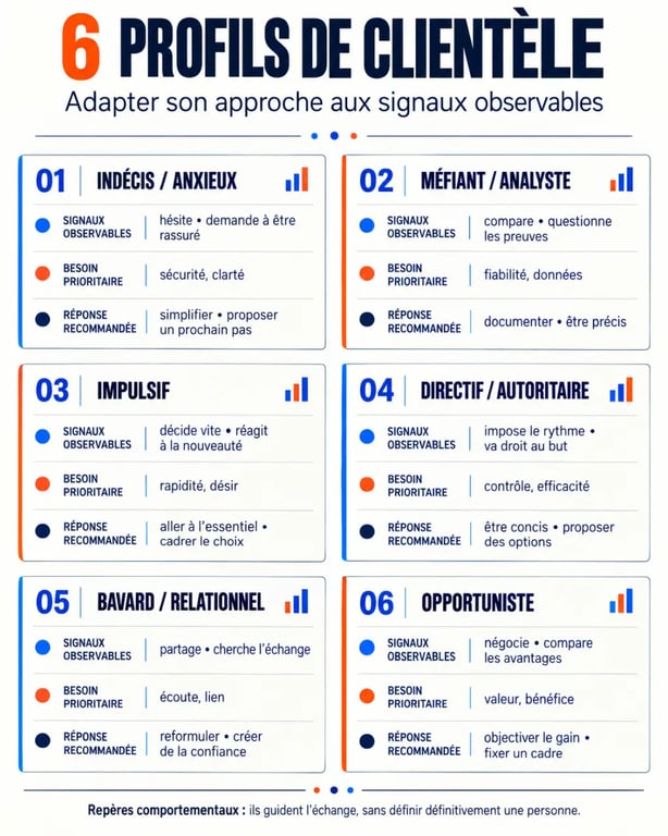 Infographie sur les principaux types de clientèle, leurs signaux et les réponses adaptées