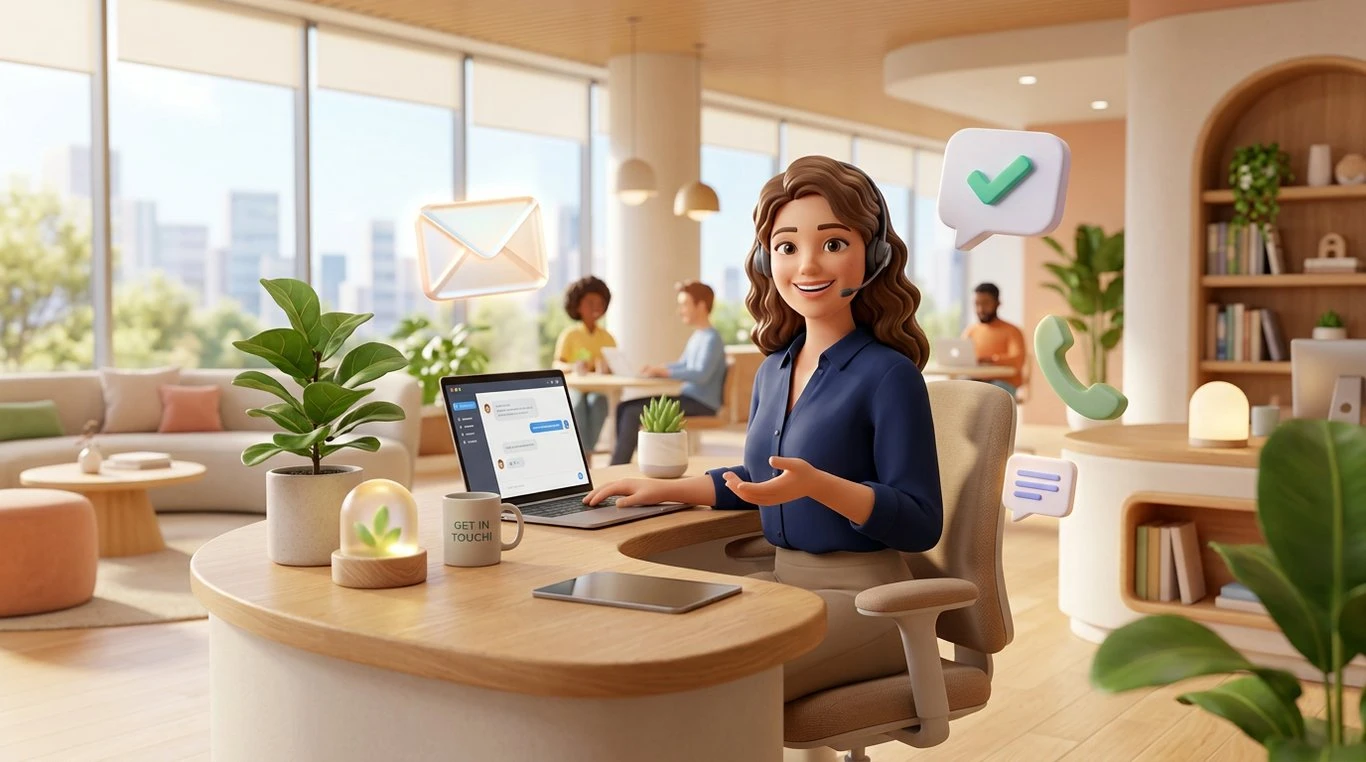Illustration 3D moderne représentant le contact et l'assistance StapleBook