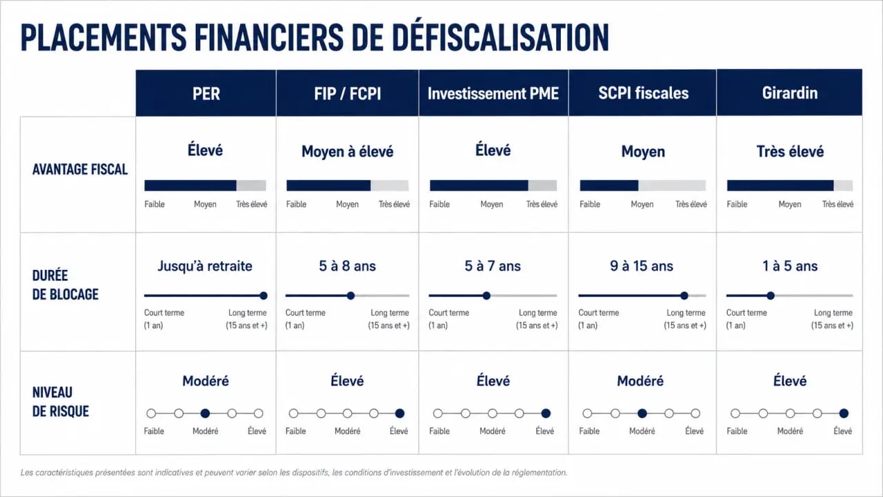 Placement financier de défiscalisation : comparaison visuelle des principaux dispositifs, des risques et des durées de blocage